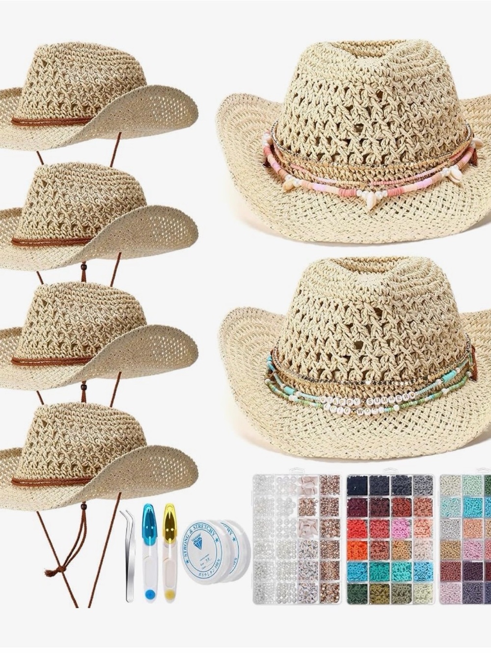 6 Set - Straw Cowboy Hat with Bead Kit - Natural
